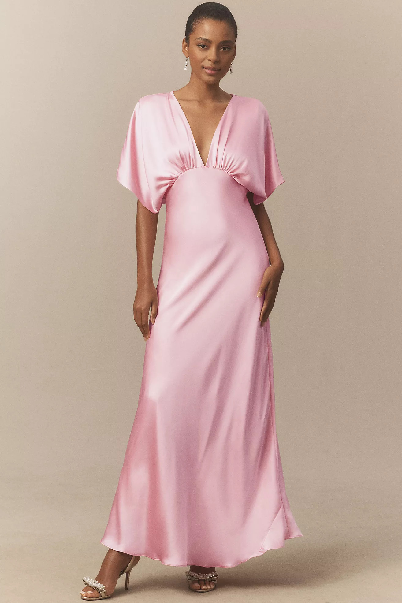 BHLDN Amelia Deep-V Flutter-Sleeve Satin A-Line Gown | Anthropologie (US)