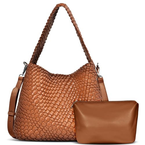 Woven Bag for Women, Woven Tote Bag Vegan Leather Retro Handbag, Handmade Summer Beach Bag Large Capacity Shoulder Bags Shopping Travel (Brown) | Amazon (US)