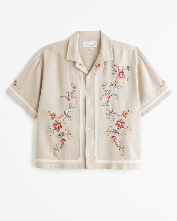 Camp Collar Cropped Summer Linen-Blend Embroidered Shirt | Abercrombie & Fitch (US)