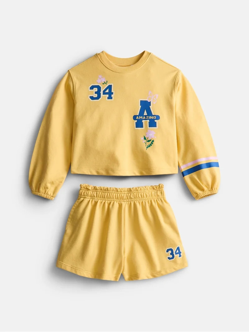 Wonder Nation Little Girls Crewneck Sweatshirt and Shorts Set, 2 Piece, Sizes 4-10 | Walmart (US)