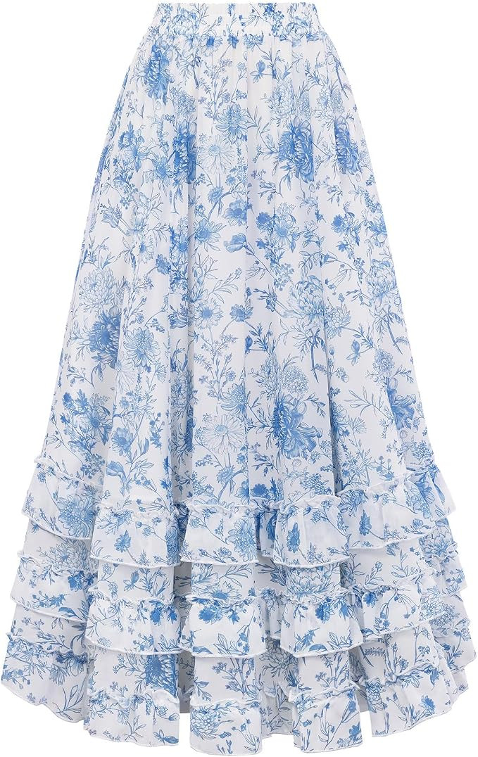 Amazon.com: Maxi Skirts for Women Floral Chiffon Elastic High Waist Flowy Ruffle Long Skirt with ... | Amazon (US)