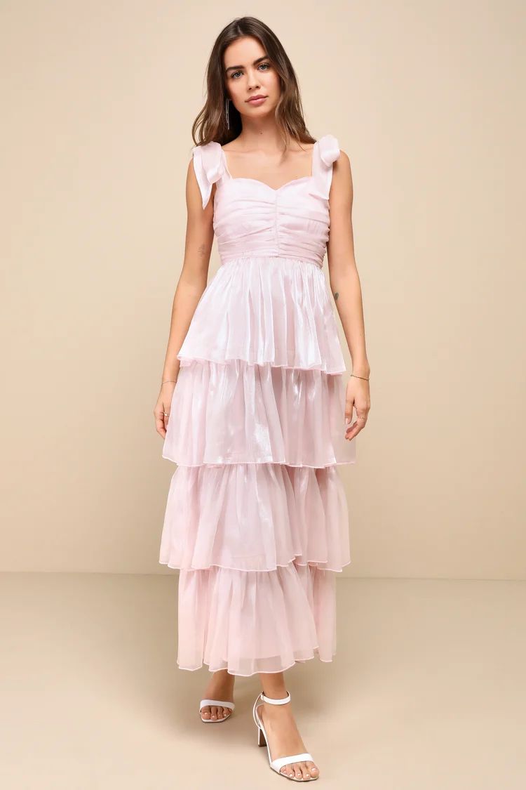 Radiant Arrival Shiny Pink Organza Tiered Tie-Strap Maxi Dress | Lulus