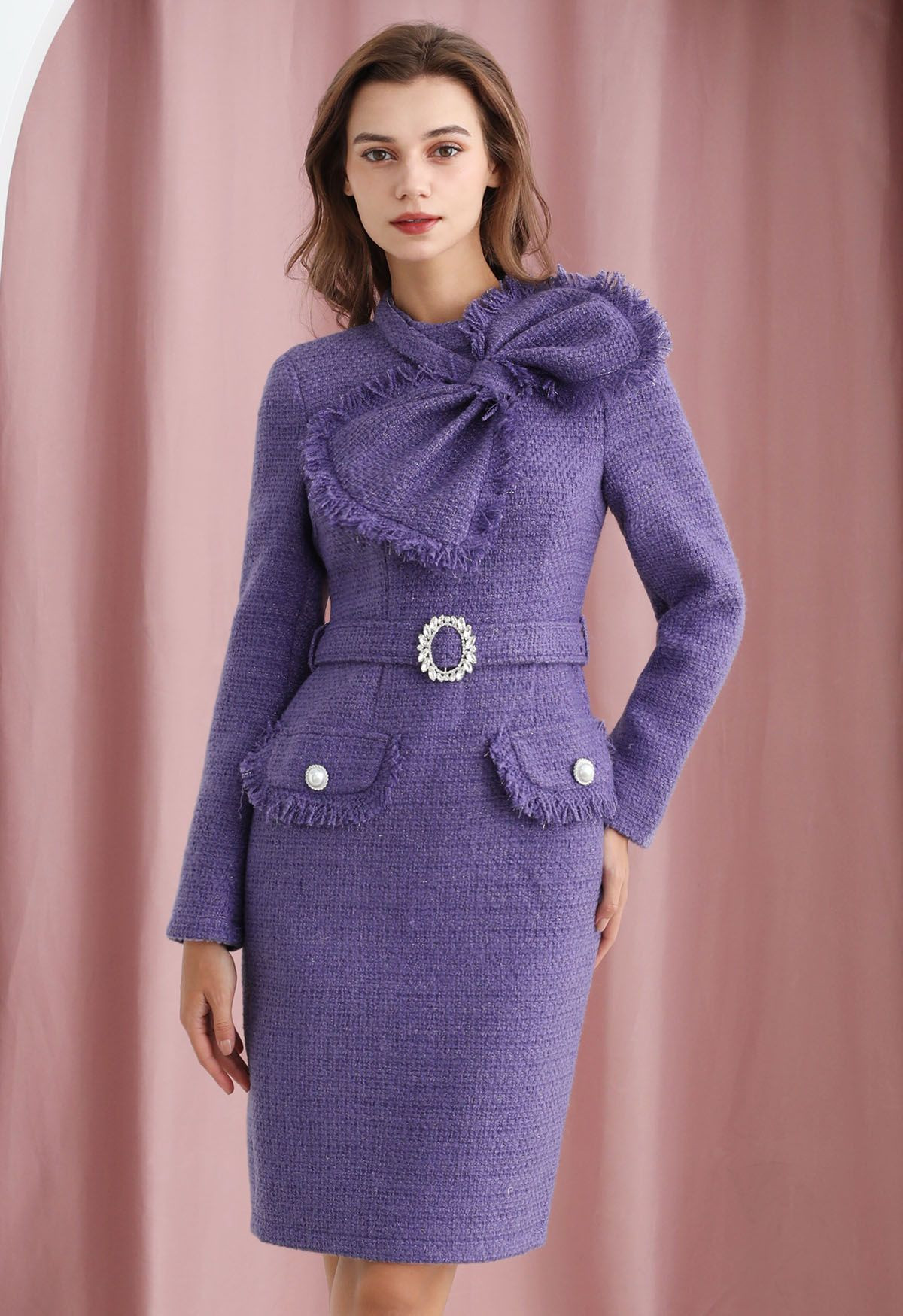 Bowknot Metallic Tweed Belted Dress | Chicwish