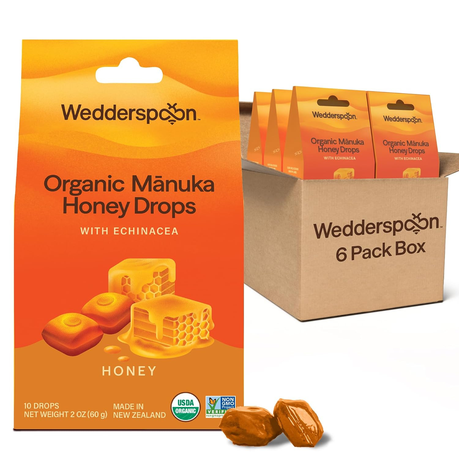 Wedderspoon Organic Manuka Honey Drops, Honey & Echinacea, Pack of 6 | Amazon (US)
