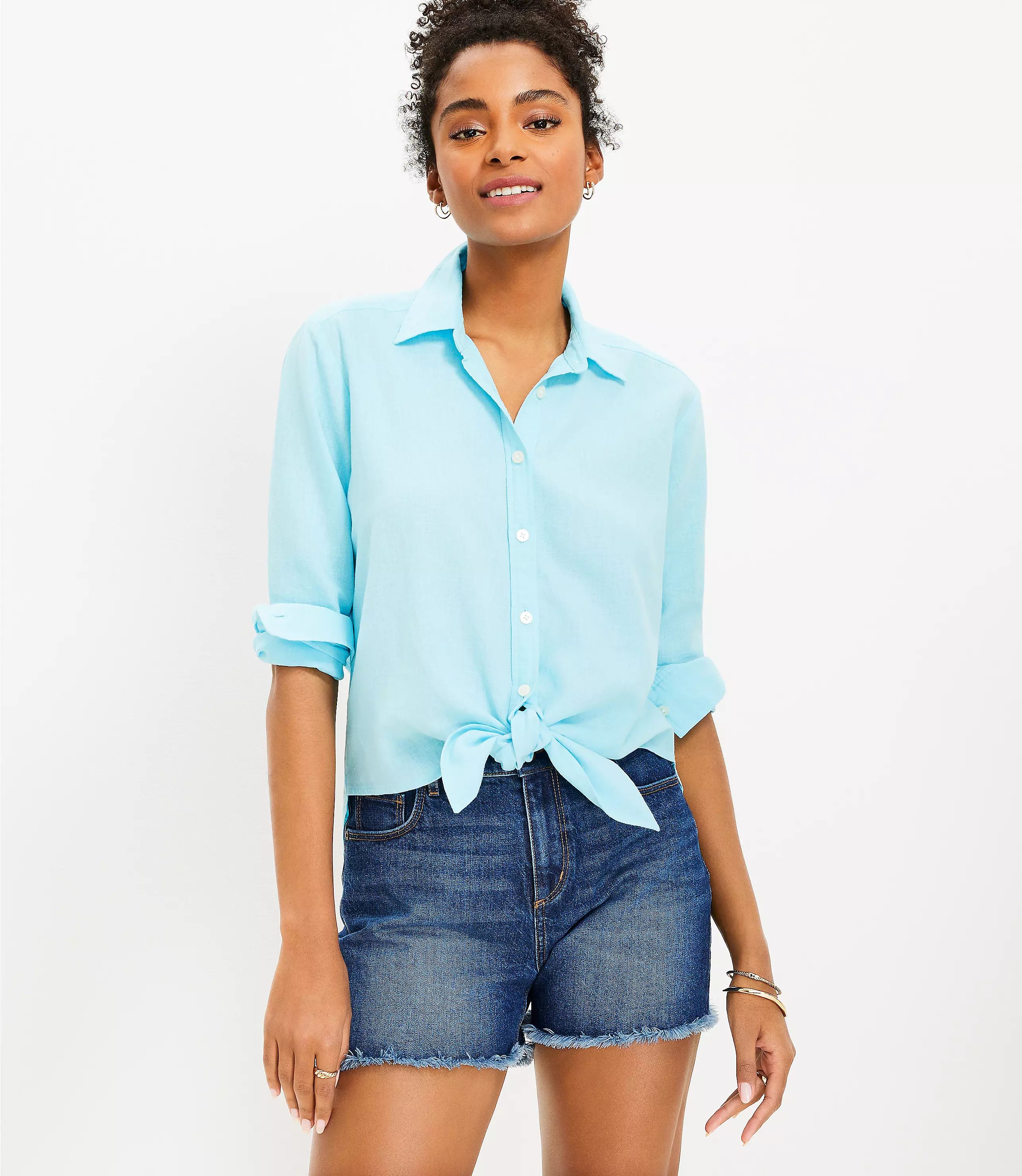 Linen Blend Tie Front Everyday Shirt | LOFT