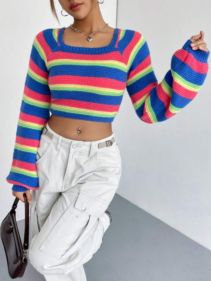 Rainbow Striped Pattern Raglan Sleeve Crop Sweater | SHEIN