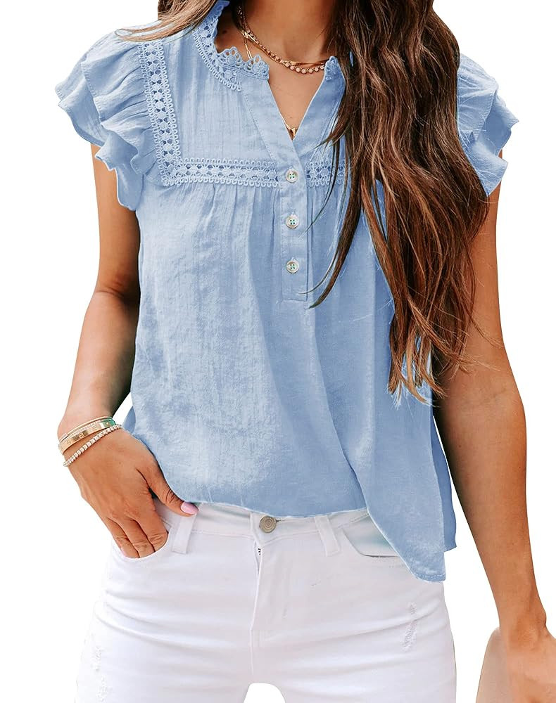PRETTODAY Women's V Neck Lace Crochet Shirts Button Down Short Sleeve Casual Blouse Tops | Amazon (US)