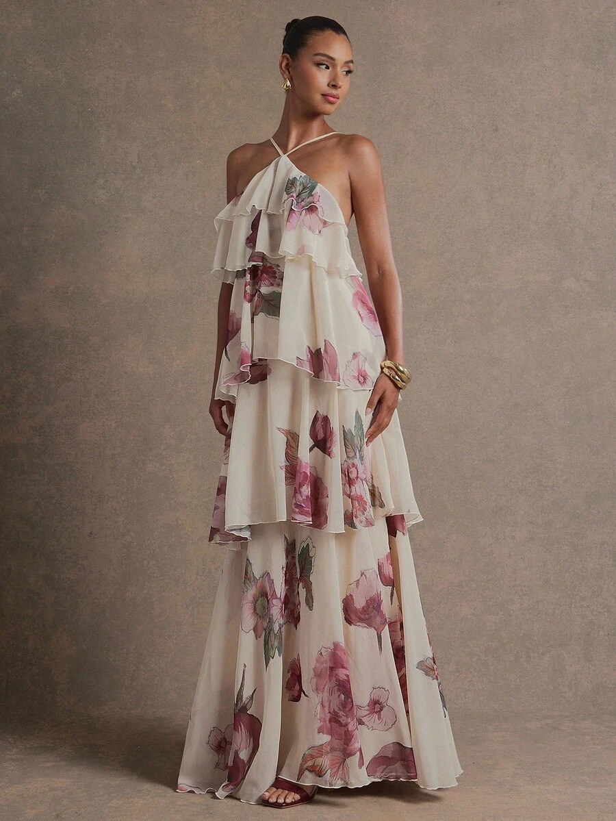 L'Amorae Elegant Romantic Wedding Guest Halter Tiered Chiffon Maxi Dress Floral Print | SHEIN