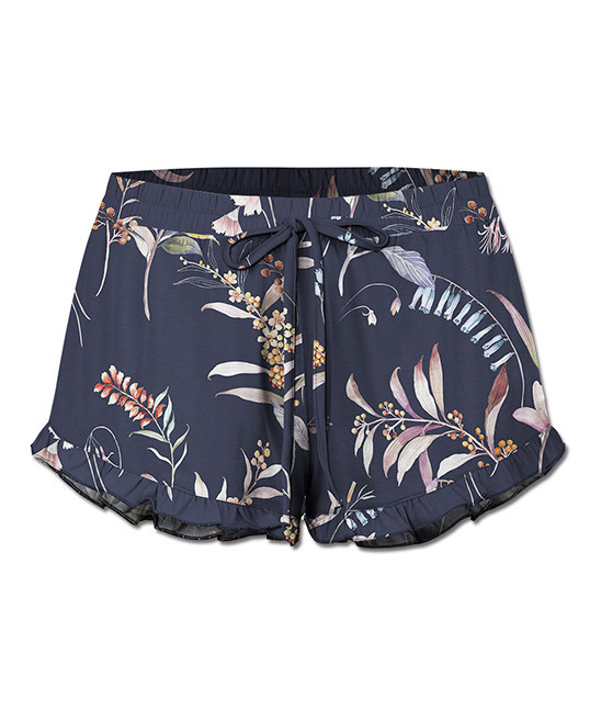 UDEAR Women's Casual Shorts Print - Navy Floral Leaves Ruffle-Hem Drawstring Shorts - Women | Zulily