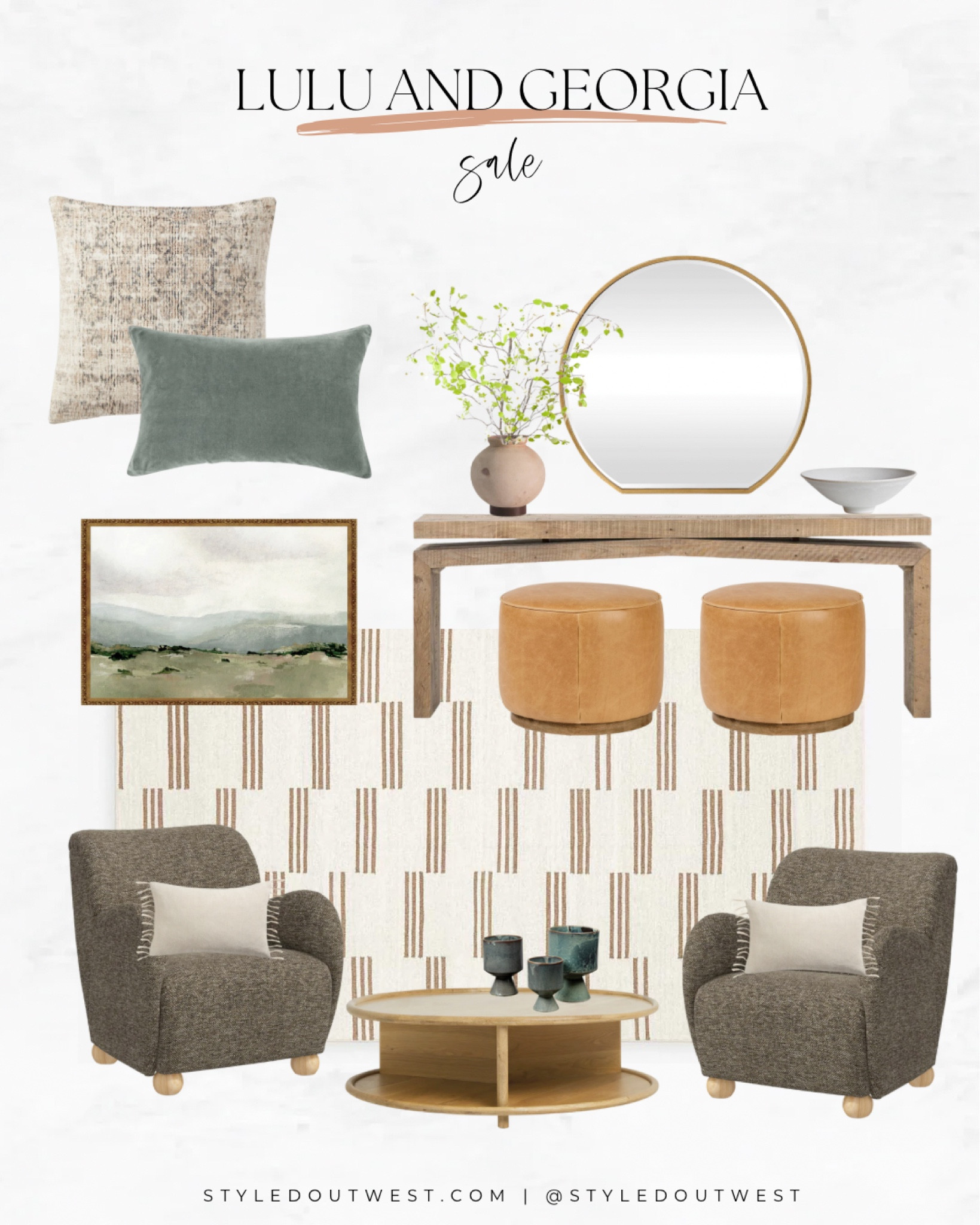 We styled this room around some of our favorites in the Lulu and Georgia sale.  The area rug is a bestseller paired with these tweed chairs and round coffee table.  We love the unique design of the mirror and this console.

#LTKFind #LTKhome #LTKsalealert
