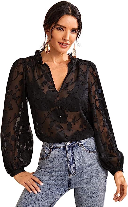 SheIn Women's Sexy Sheer Ruffle Trim Bishop Sleeve Appliques Mesh Blouse Shirt Top | Amazon (US)