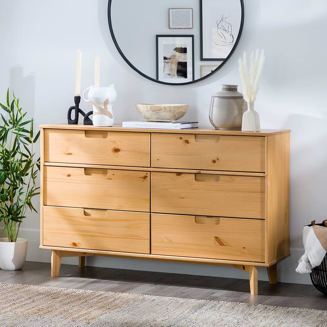 Walker Edison Myron Modern 6-Drawer Solid Wood Dresser, 57 Inch, Natural Pine | Amazon (US)