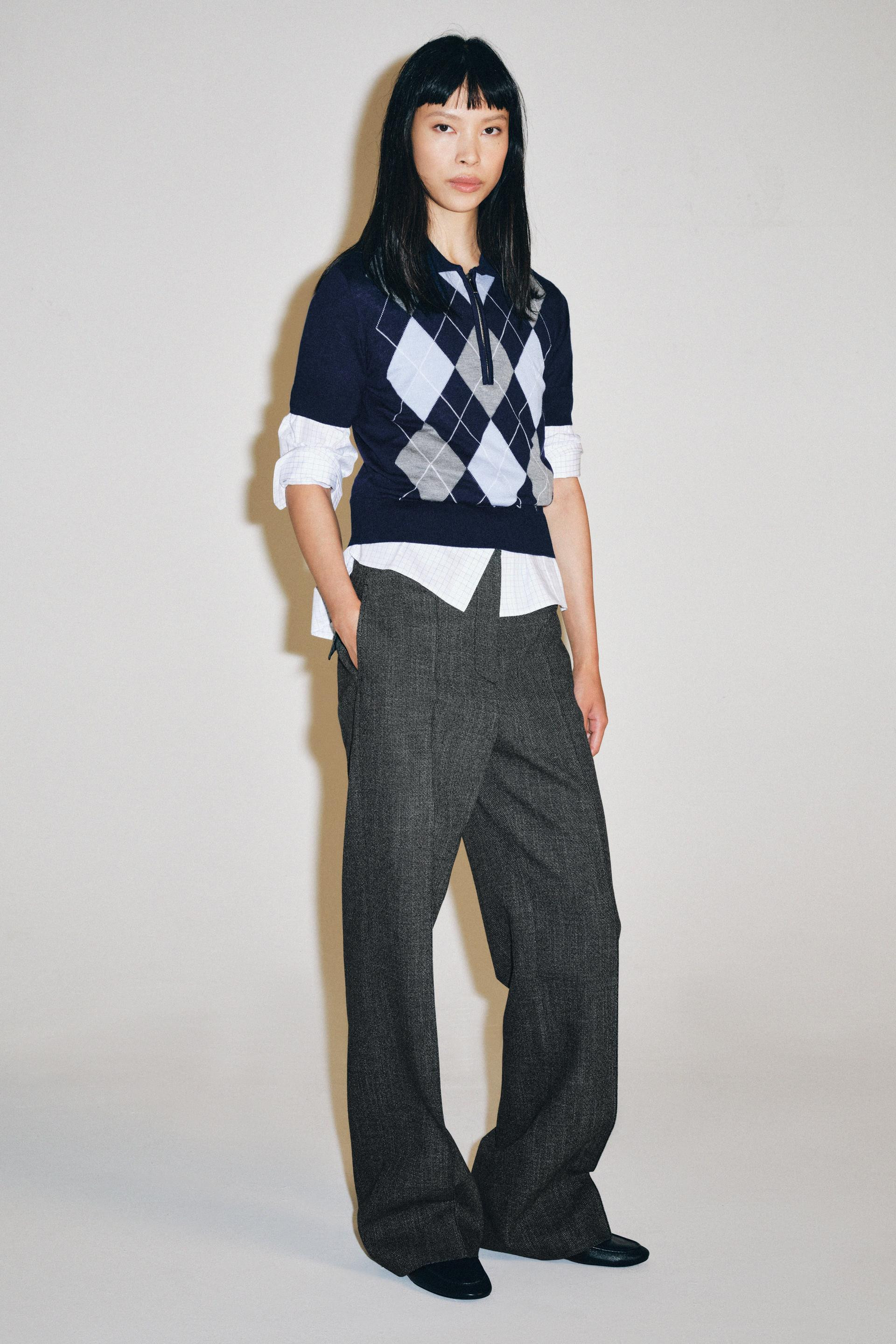 Zara - Argyle Knit Polo Shirt - Grey / Blue - Xl - Woman | Zara UK