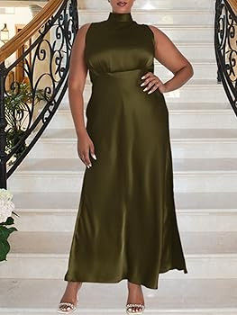 Summer Plus Size Mock Neck Satin Maxi Formal Dress for Women 2025 Elegant Sleeveless Silk Dresses... | Amazon (US)
