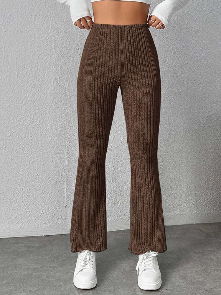 SHEIN PETITE High Waist Ribbed Knit Flare Leg Pants | SHEIN