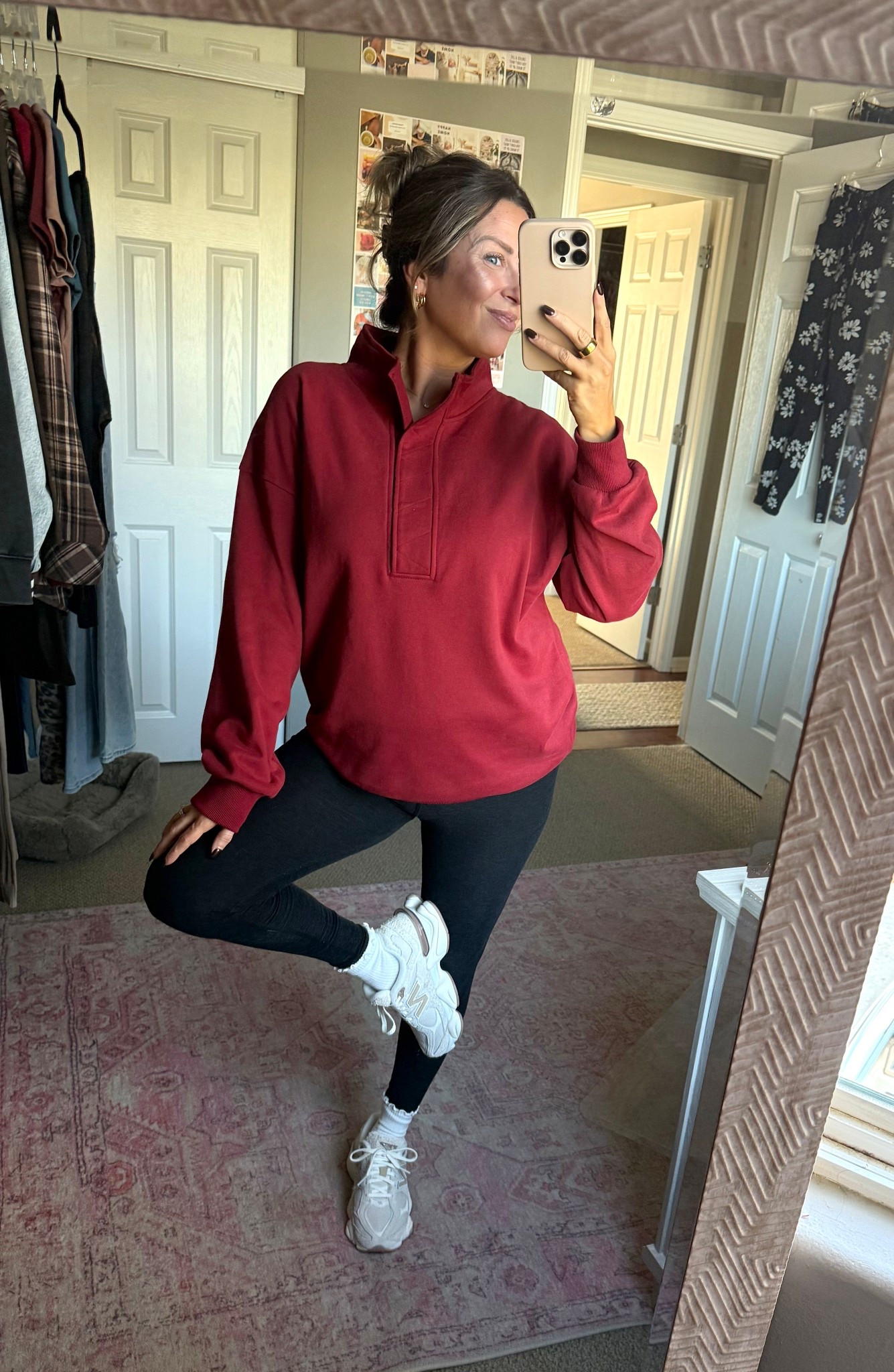 Burgundy red wine pullover sweatshirt comfy Fall basic casual outfit style! New balance tennis shoes and ruffle socks!

Size small in pullover 

#LTKOver40 #LTKActive #LTKFindsUnder50