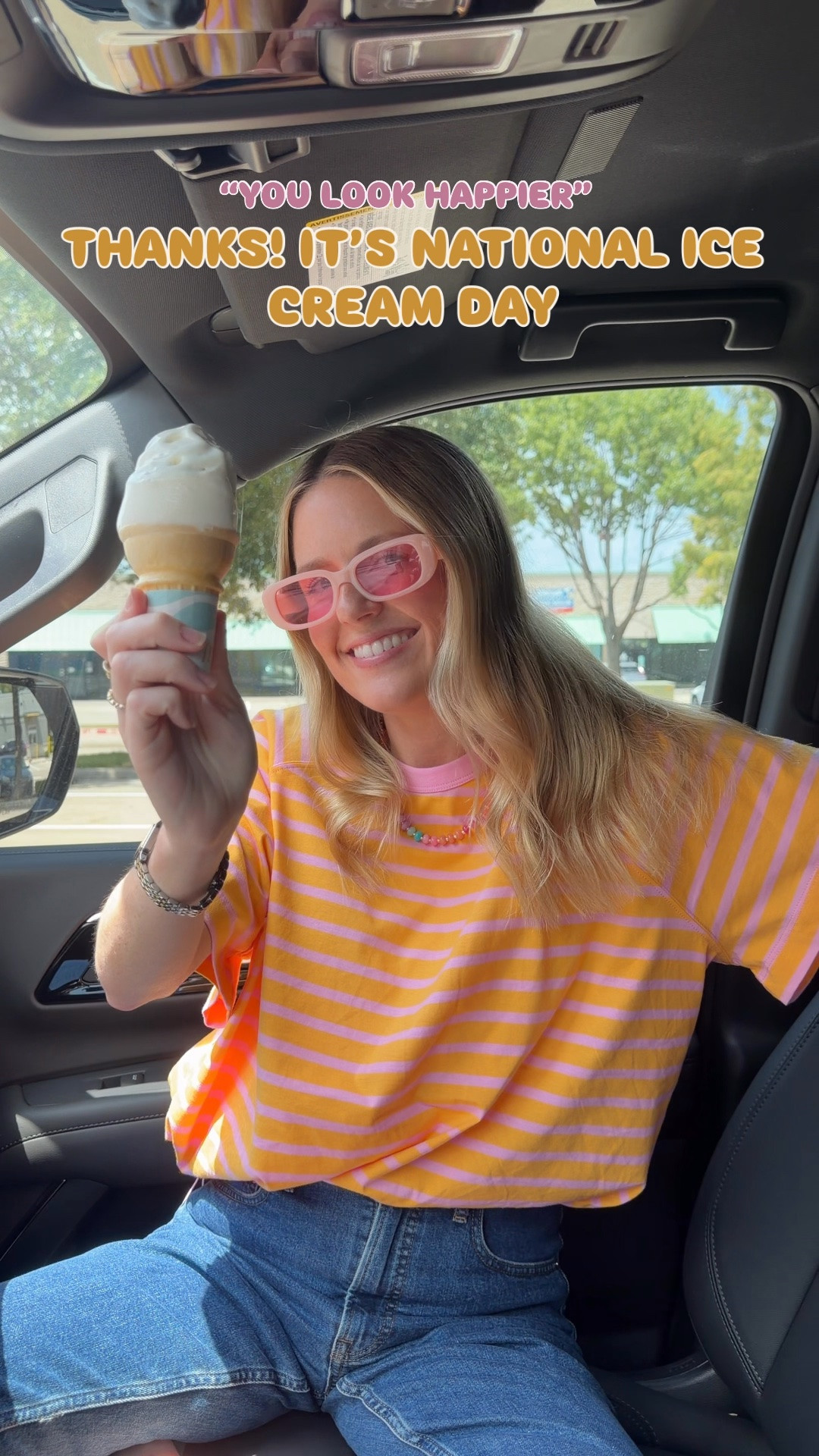 Striped tee with a beaded necklace and colored sunnies