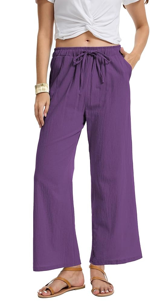 YOCUR Women Casual Drawstring Straight Leg Pants Cotton Linen Beach High Waisted Trousers Flowy L... | Amazon (US)