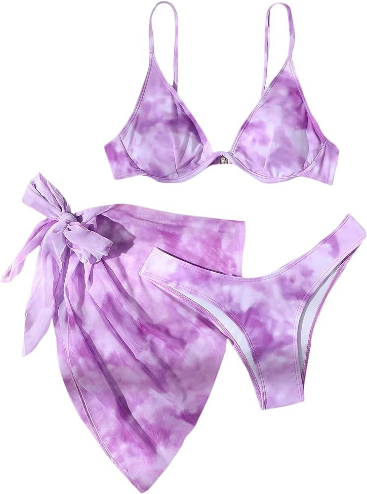 SheIn Women's 3 Piece Bikini Set with Mesh Beach Skirt Underwire Triangle High Cut Swimsuit | Amazon (US)