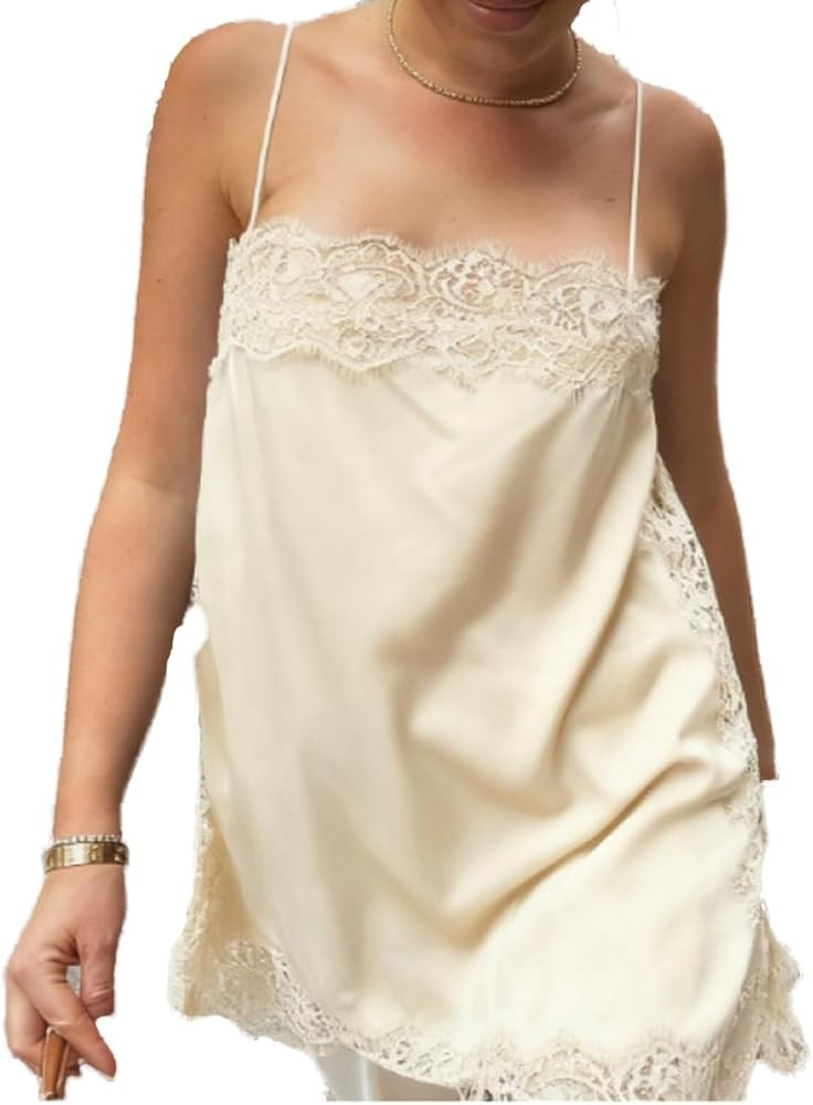 Women Y2K Lace Trim Satin Cami Top Silk Spaghetti Strap Sleeveless Camisole Lace Patchwork Loose ... | Amazon (US)