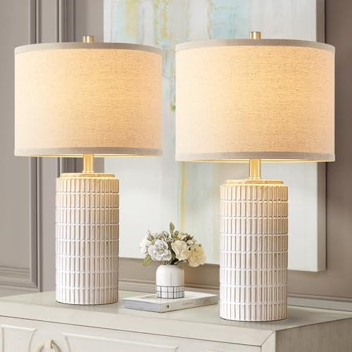 AIEAMPDO 23'' Set of 2 Modern Ceramic Table Lamps for Living Room Bedroom, Nightstand Farmhouse Beige White Desk Lamp for Bedside End Table Entryway, 2 LED Bulbs Included | Amazon (US)
