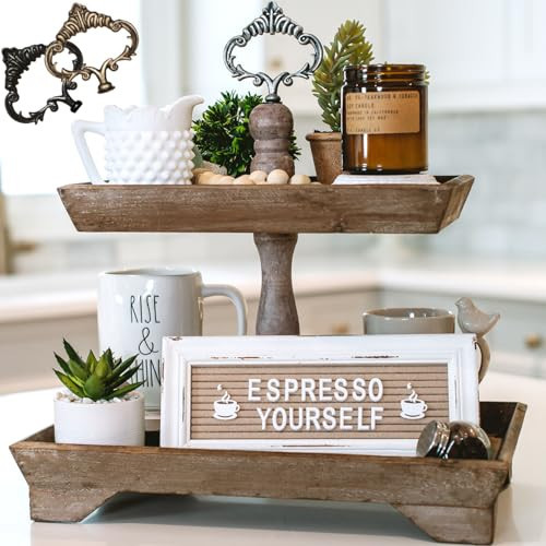 Felt Creative Home Goods Rustic Wood Two Tiered Tray Rectangle 2 Tier Serving Tray for Coffee Bar, Kitchen Counter, Dining Room Table, Cupcake Stand, Holiday and Farmhouse Decor (Rustic Brown) | Amazon (US)