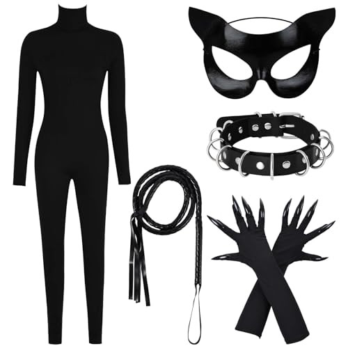 JcHrmers 5Pcs Halloween Black Cat Costume Set for Women, Cat Fullbody Black Catsuit with Mask, Whip, Choker & Claw Gloves for Halloween Parties, Cosplay, Role Play(X-Large) | Amazon (US)