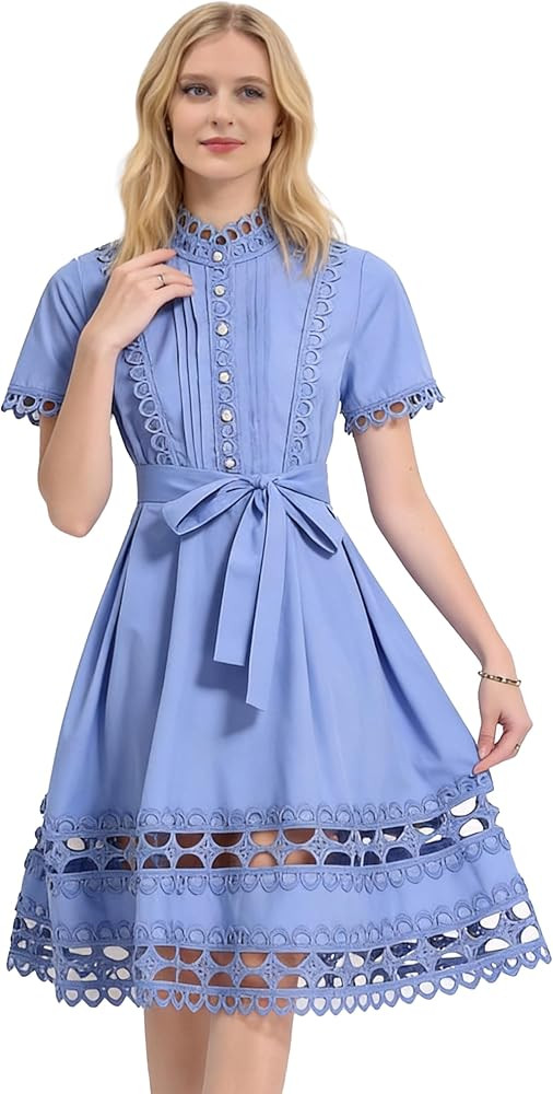LAI MENG FIVE CATS Womens Summer Short Sleeve A Line Hollow Out Button Up Casual Party Dresses | Amazon (US)