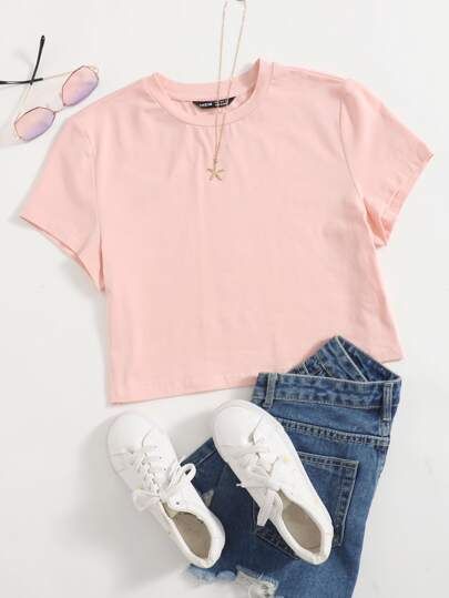 SHEIN Round Neck Crop Solid Tee | SHEIN