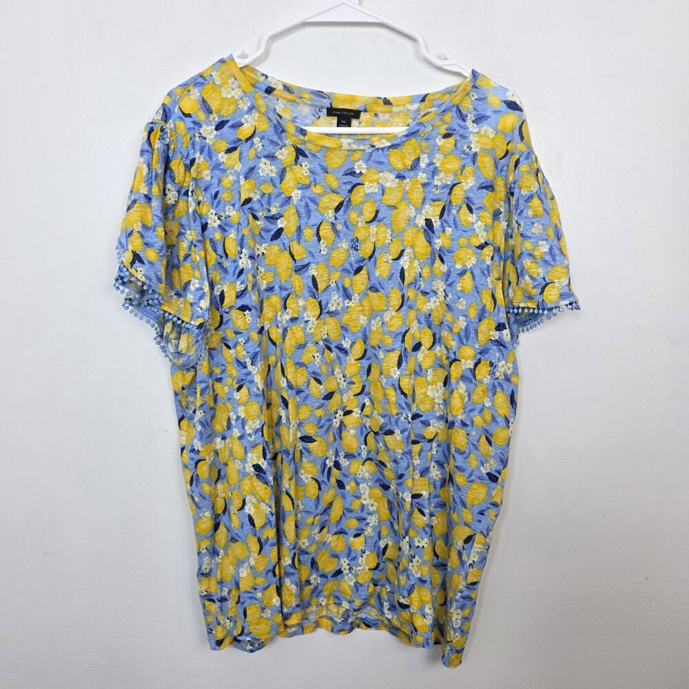 Ann Taylor Yellow Blue Lemon Print 100% Linen Summery Cute Blouse Size\u200e 2XL | Poshmark