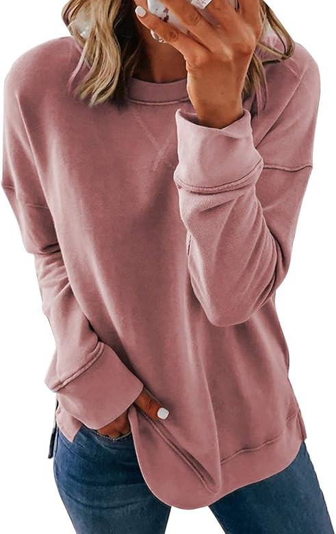 Acelitt Women Long Sleeve Crewneck Sweatshirt Side Split Pullover Tops | Amazon (US)