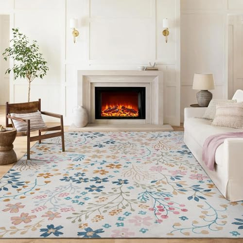 Fashriend Phyllis Modern Area Rug, 9'×12' Washable Accent Floral Rug, Non-Slip Flower Leaf Carpet, Non-Shedding Colorful Rug with Low Pile for Living Room, Bedroom, Dining, Office, Beige | Amazon (US)