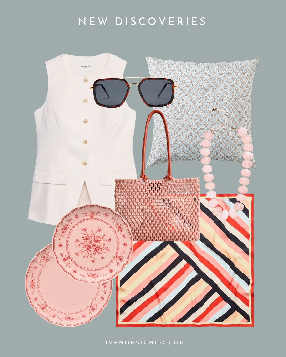 Linen vest. Silk satin scarf. Beaded necklace. Dinnerware. Pink dinner plates. Easter dining. Woven tote. Sunglasses. Walmart throw pillows 

#LTKSeasonal #LTKHome #LTKSaleAlert