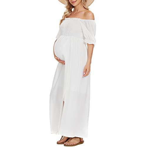 Floral Maternity Dress for Photoshoot Baby Shower, Square Neck Puff Sleeve Maternity Boho Smocked Pregnancy Dresses White | Amazon (US)