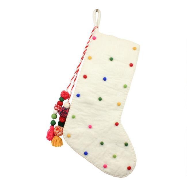 White Polka Dot Felted Wool Christmas Stocking | World Market