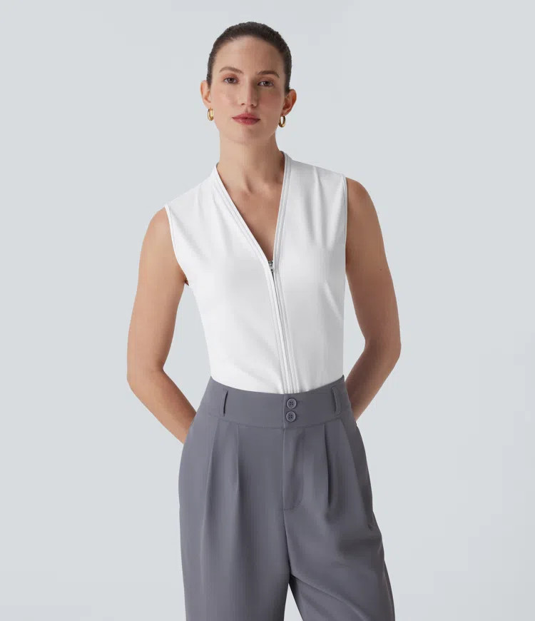 Women’s Softlyzero™ Airy V Neck Zipper Sleeveless Cool Touch Work Blouse-UPF50+ - Halara | HALARA