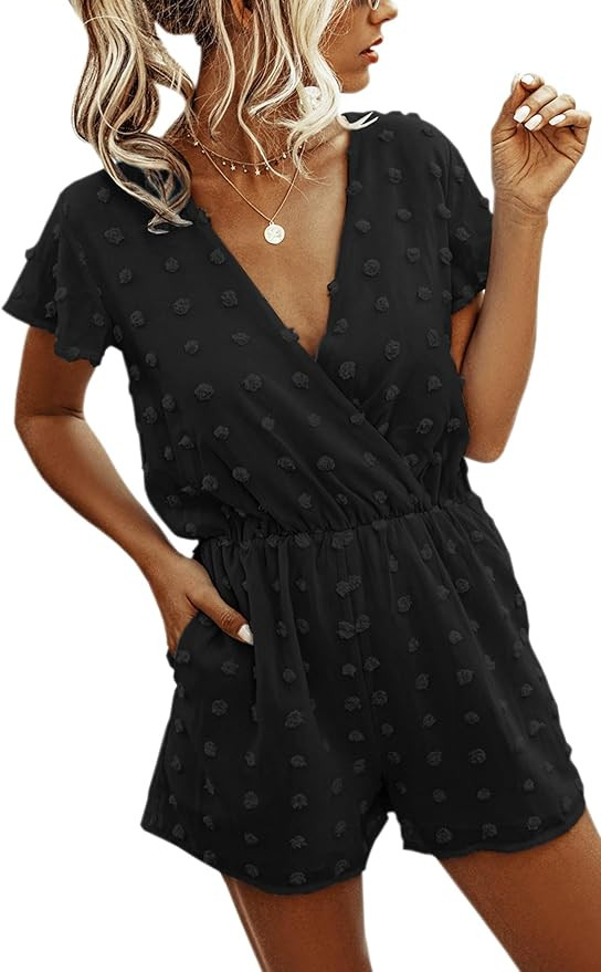 Angashion Women’s Rompers-Summer Deep V Neck Wrap Floral Polka Dot Short Sleeve Beach Short Jum... | Amazon (US)