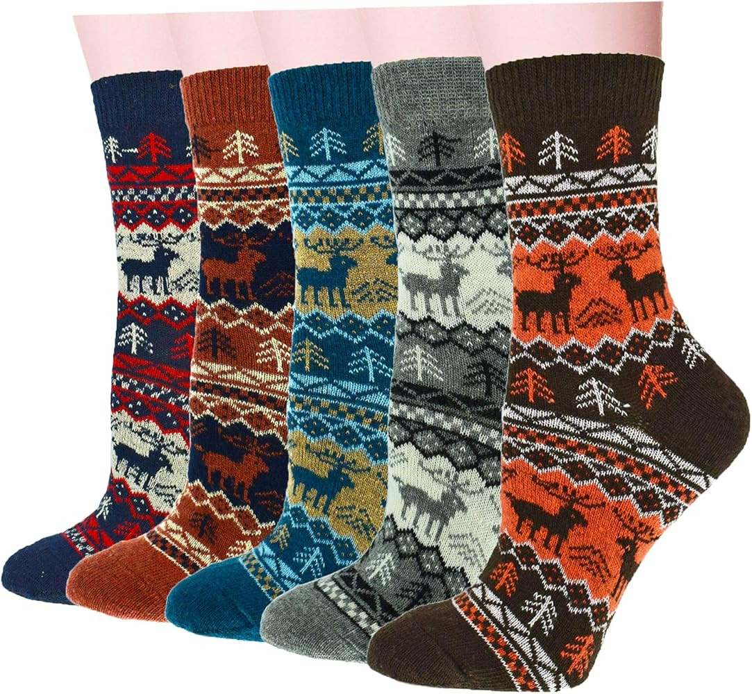 YZKKE 5Pack Womens Vintage Winter Soft Warm Thick Cold Knit Wool Crew Socks, Multicolor, free siz... | Amazon (US)