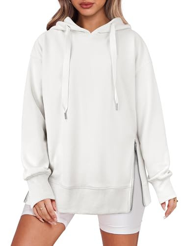 ANRABESS Women Oversized Hoodies Side Zipper Fleece Long Sweatshirts Lightweight Tunic Pullover 2025 Fall Trendy Clothes White XX-Large | Amazon (US)