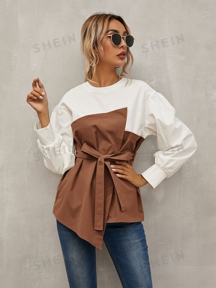 SHEIN LUNE Keyhole Back Belted 2 In 1 Top | SHEIN