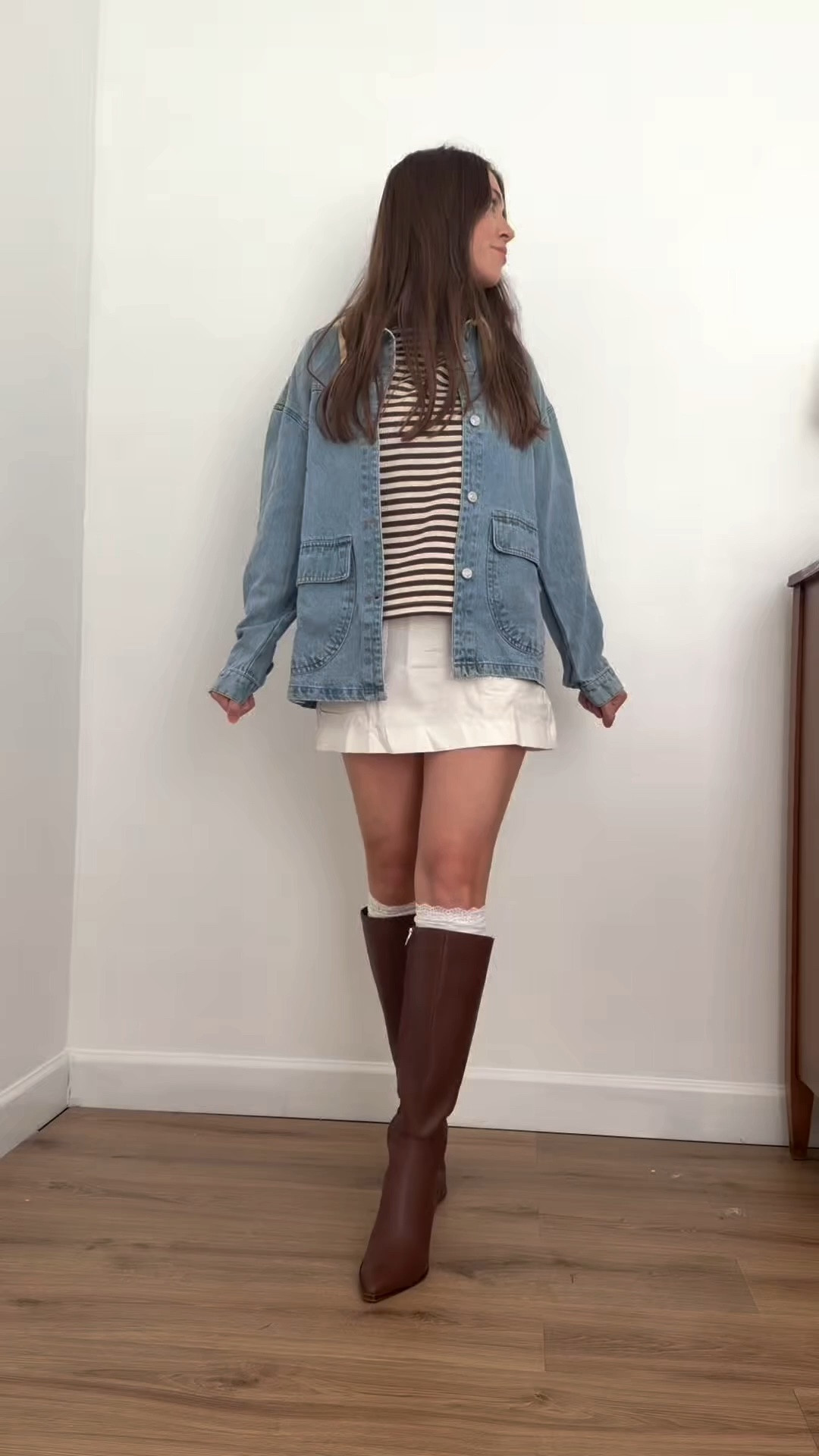 | fall fashion haul | denim barn jacket | denim utility jacket | amazon dupes | basic closet staple tees | brown striped shirt | cropped tee | linen skirt outfit | white skort | high knee boots |

#LTKootd #LTKgrwm #LTKSaleAlert