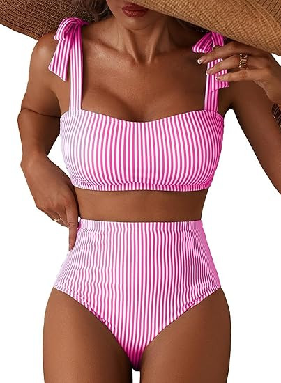 Herseas Women's Tie Shoulder Bikini Sets 2 Piece Striped Swimsuits High Waisted Bathing Suits | Amazon (US)