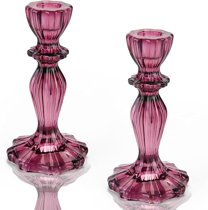 Glass Candle Holders, 2PCS Wide Base Candlestick Holder Decorative Candle Stand Table Centerpiece... | Amazon (US)