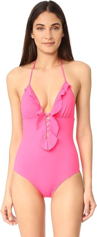 Shoshanna Women's Soft Solid Lattice Ruffle One Piece Swimsuit | Amazon (US)