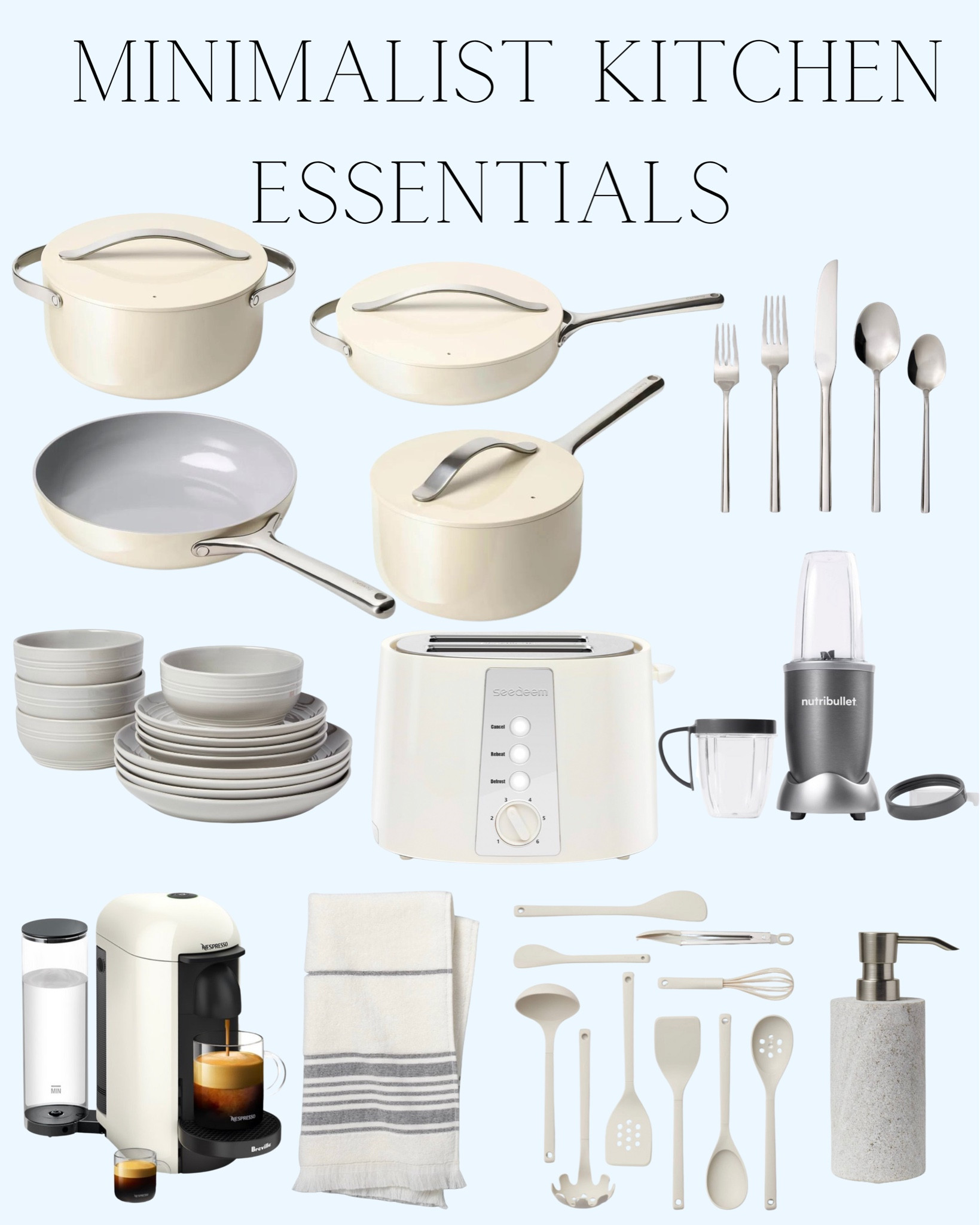 Minimalist Kitchen Essentials Neutral Kitchen Decor. Pots, pans, plates, silverware, cooking utensils, soap dispenser, Nespresso coffee maker, toaster, blender. Shop now! These make great gifts! 

#LTKhome #LTKGiftGuide