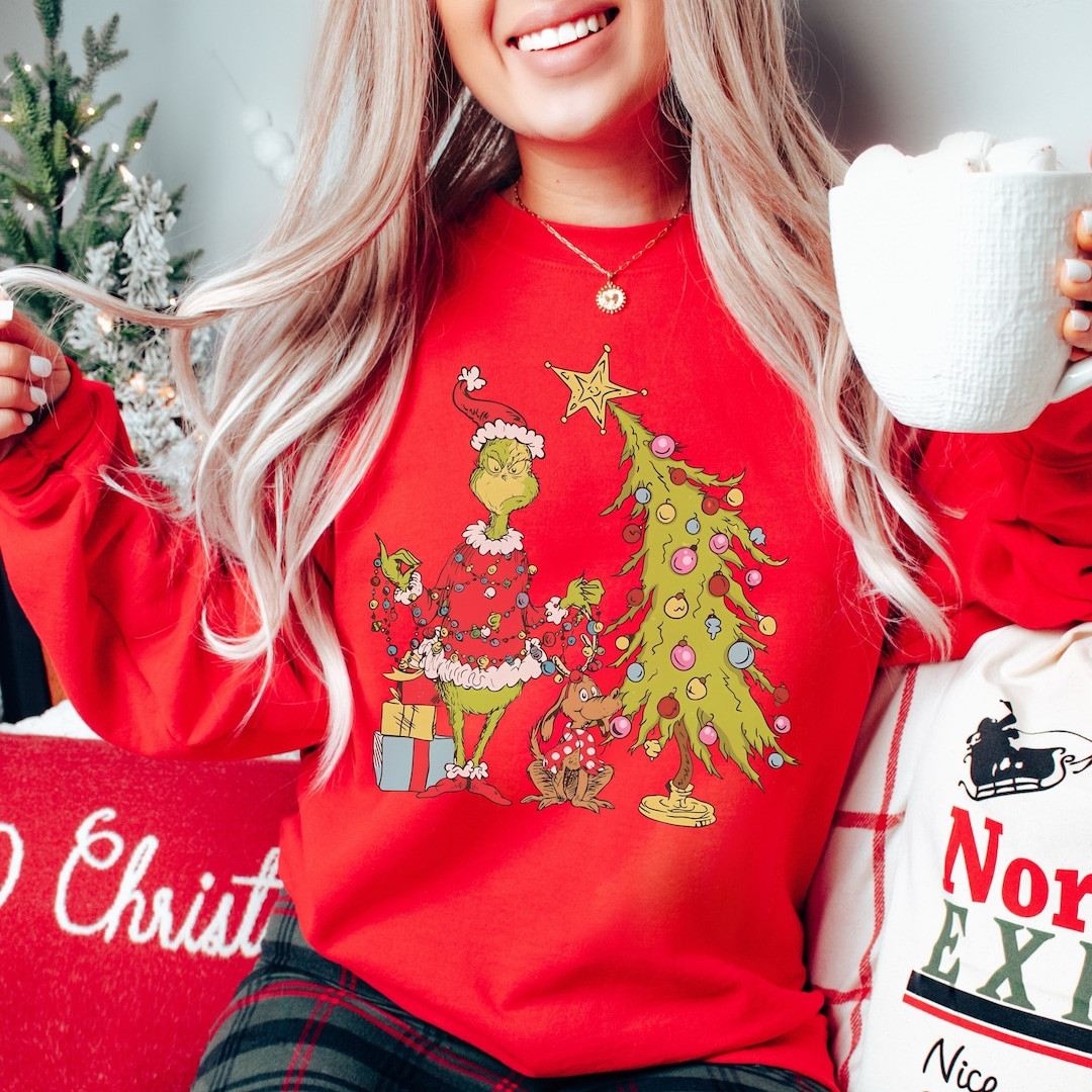 Grinch Christmas Tree Crewneck Sweatshirt, Whimsical Grinch Max Tree Sweater, Festive Retro Shirt... | Etsy (US)