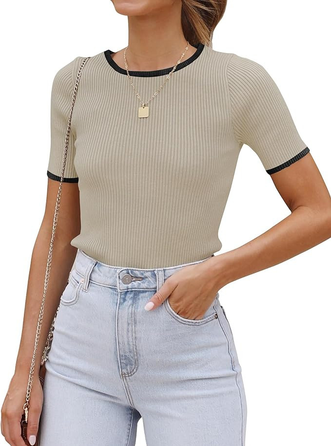 ZESICA Women's Short Sleeve Crewneck Ribbed Knit Slim Fit T Shirt 2024 Summer Basic Casual Color ... | Amazon (US)