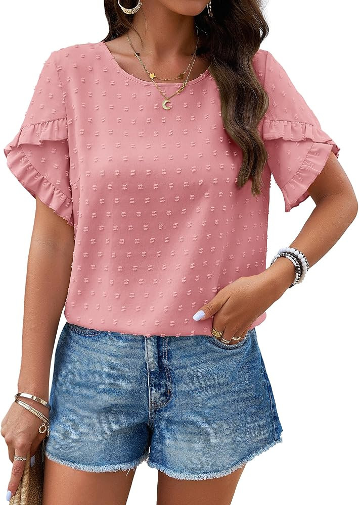 PRETTYGARDEN Women's Tops 2024 Summer Ruffle Short Sleeve Crewneck Blouses Swiss Dots Solid Loose... | Amazon (US)