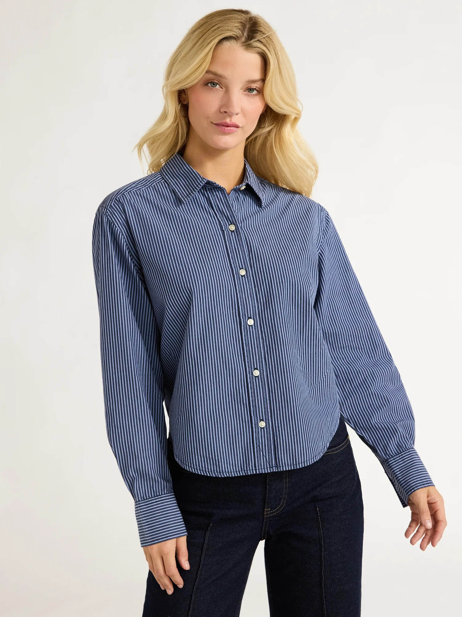 Free Assembly Women’s Cotton Cropped Button Down Shirt with Long Sleeves, Sizes XS-XXL - Walmar... | Walmart (US)