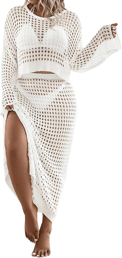 Women's 2 Piece Plus Size Cover Up Sweater and Split Thigh Skirt Set Beach Swim Cover Up Outfit | Amazon (US)